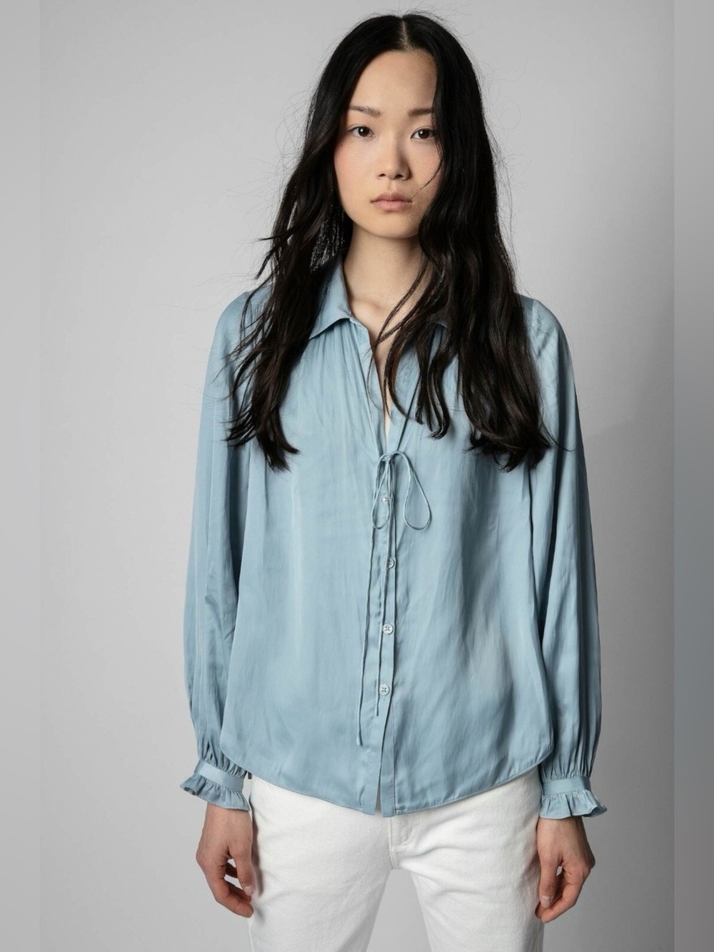 Zadig & Voltaire. Tilan Satin Long-Sleeve Blouse. Blue. Size Small.